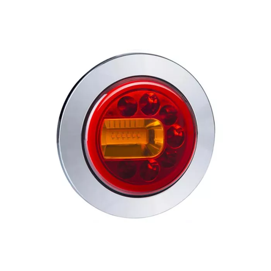 Rückleuchte mit Flansch und metallisiertem Ring 3-funktional (LED) orange-rot 12/24V links
